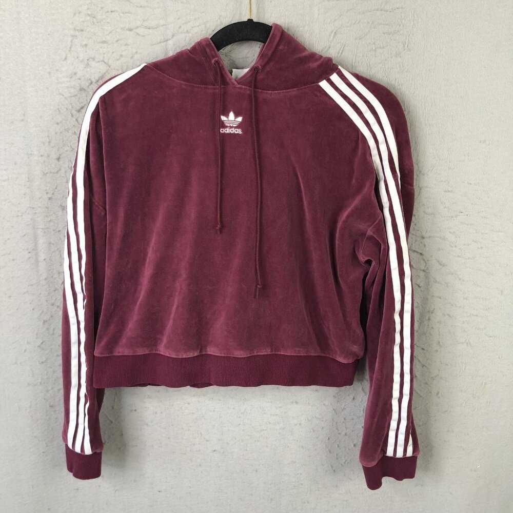 adidas Women's Burgundy Velvet Hoodie Sweater with White Stripes